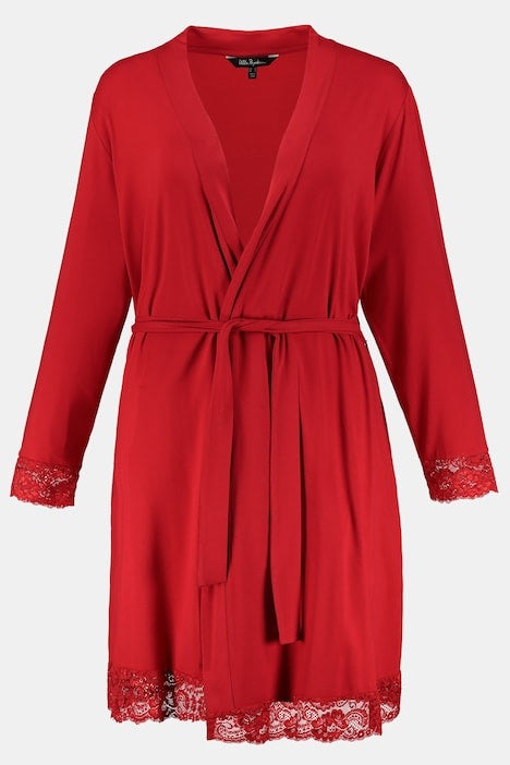 Lace Trim Wrap Front Robe 75085852 - Red