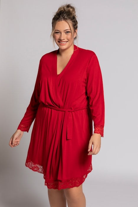 Lace Trim Wrap Front Robe 75085852 - Red