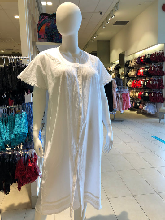 100% Cotton Short Sleeve Button-front Nightgown Robe 4253 - White