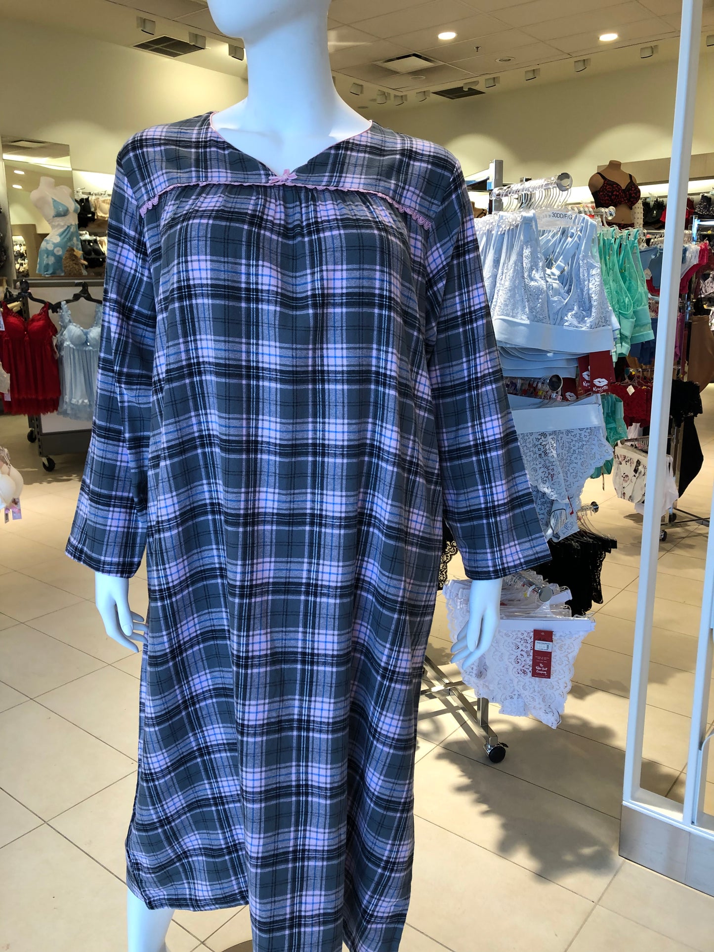 100% Cotton Flannel Long Gown 11435 - Grey Tartan