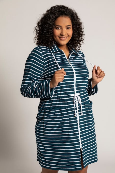 Two Tone Stripe Terry Zip Front Robe 74880874 - Dark Petrol