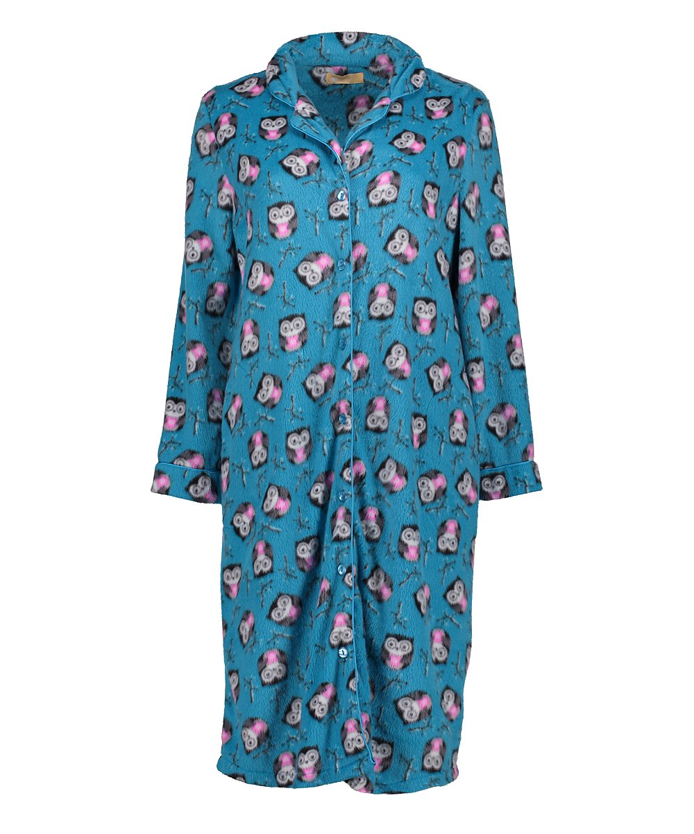 Button Front Fleece Sleep Shirt 1581 - Owls - Teal