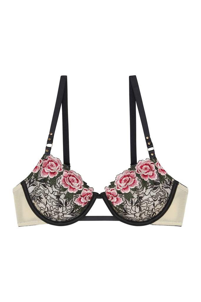 Pink Heart Print Embroidered Bra