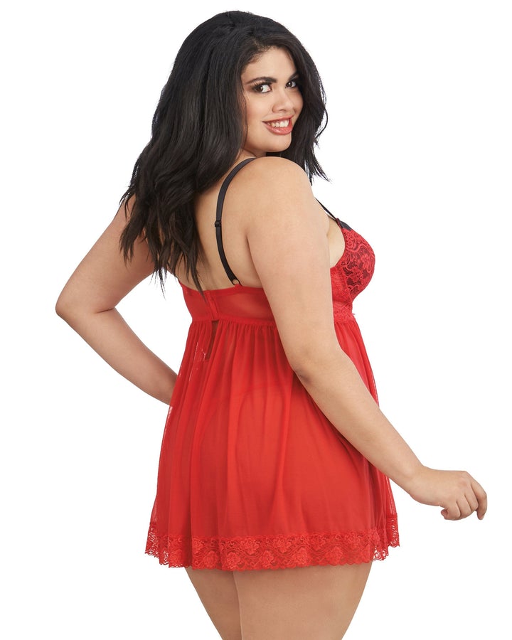 Lace Overlay Babydoll and G-string DG11020 - Red
