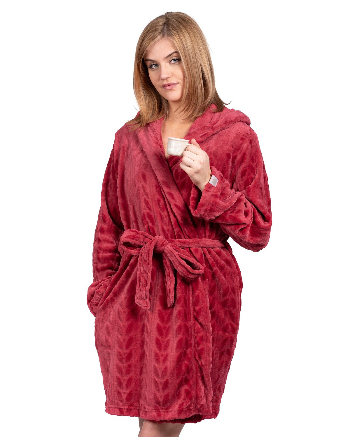 Coffee Shoppe Hooded Plush Robe - Deep Red